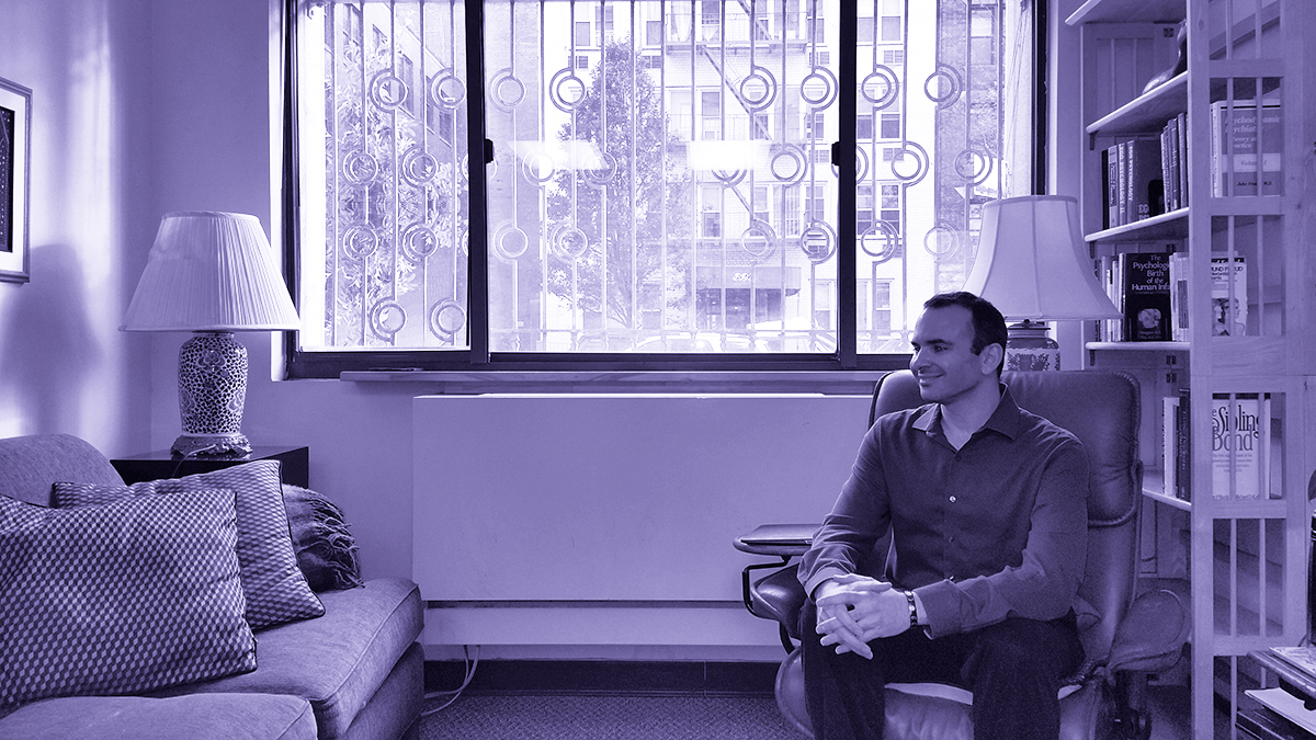 Eliot LeBow seated in his New York therapy office
